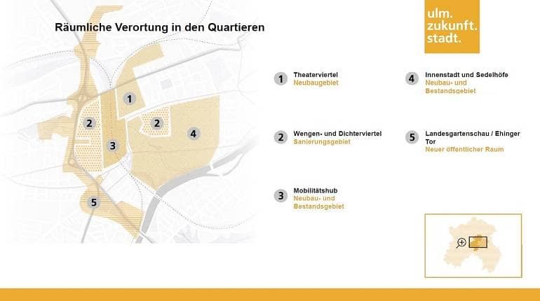 Abbildung der Quartiere, in denen das smartcity-Projekt in Ulm umgesetzt wird