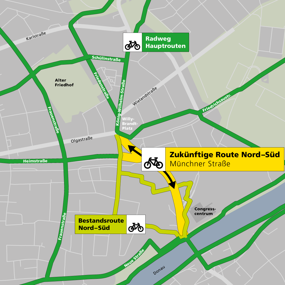 Stadtplan, auf dem der neue Radweg auf der Münchner Straße markiert ist.