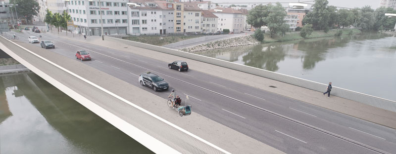 Ein Modell der neuen Gänstrobrücke mit Autos, Fußgängern und Radfahrern