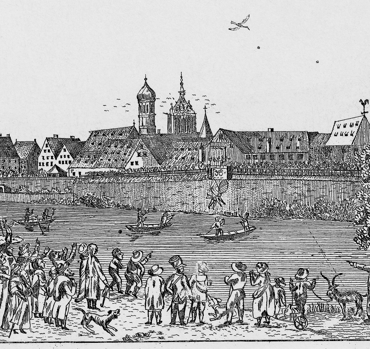 Zeichnung des Flugs des Schneiders von Ulm vor aufgeregtem Publikum